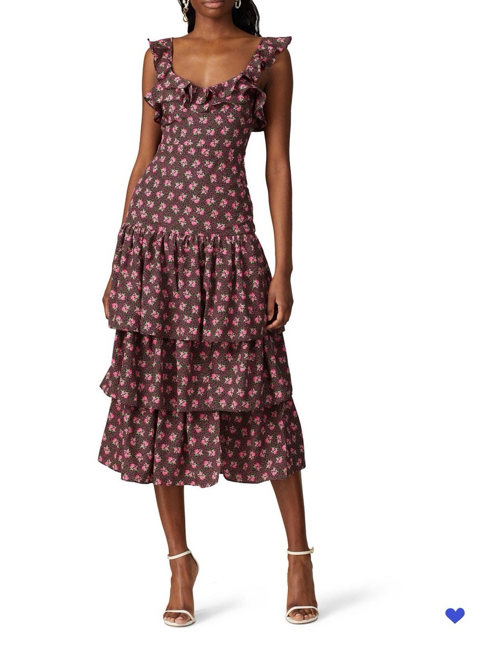 Likely “Janie” Brown Midi Dress with Pink Floral Ruffles
